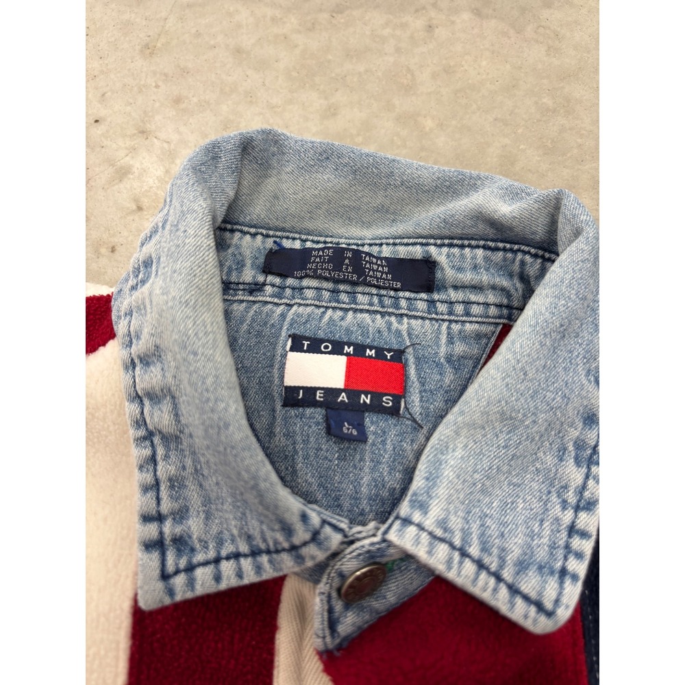 Vintage Tommy Jeans Fleece Rugby Shirt American Flag Denim Collar Large L 90s - Picture 3 of 6